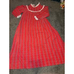 Vintage made USA Lanz of Salzburg Waltz Length Red Stripe Flannel Nightgown Sz P